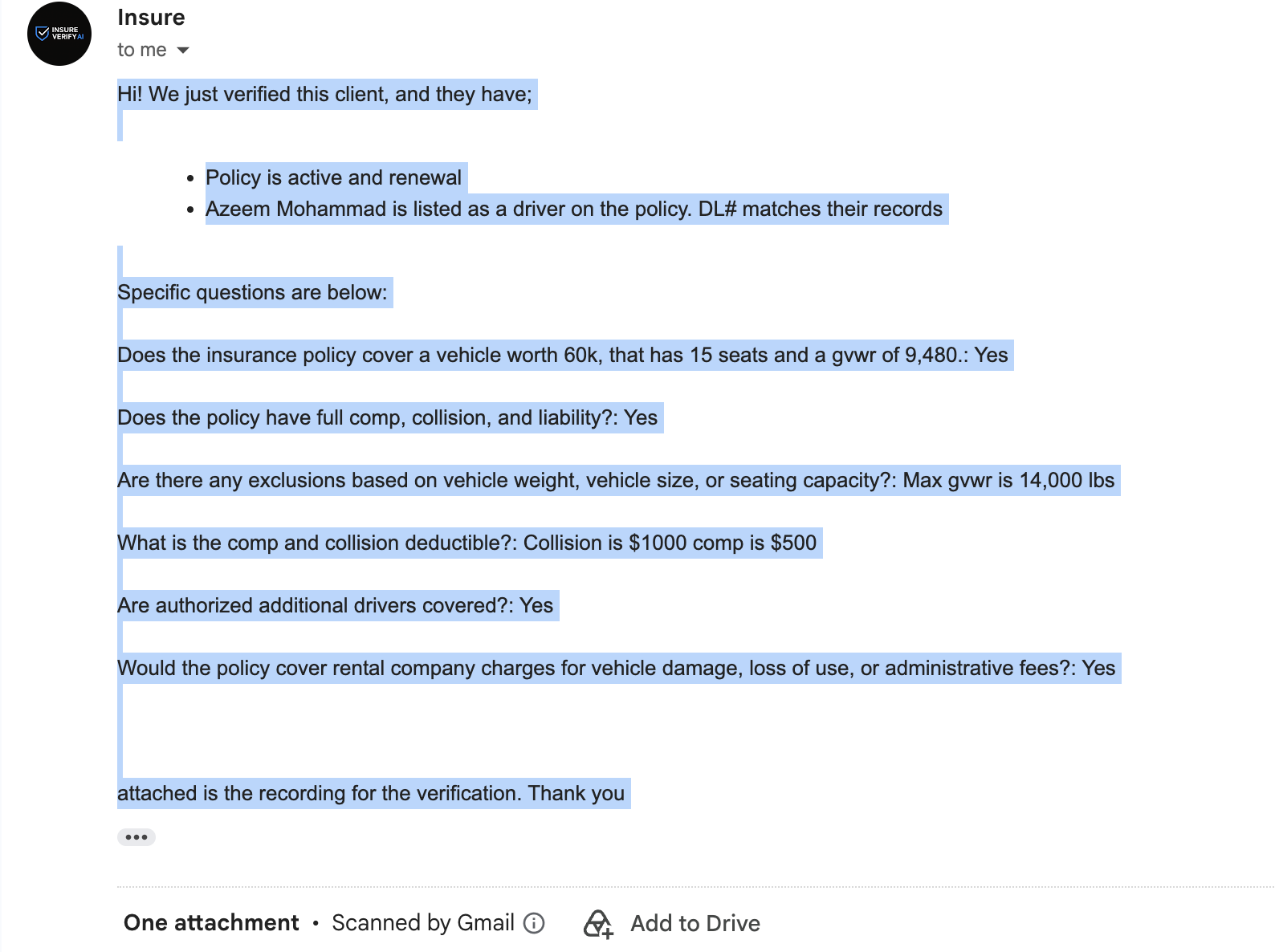 Example Insureverify.ai verification email confirming active policy coverage